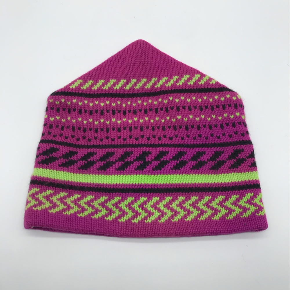 Vintage 100% Wool Capello Purple Winter Sport Beanie Green Neon Patterned Hat